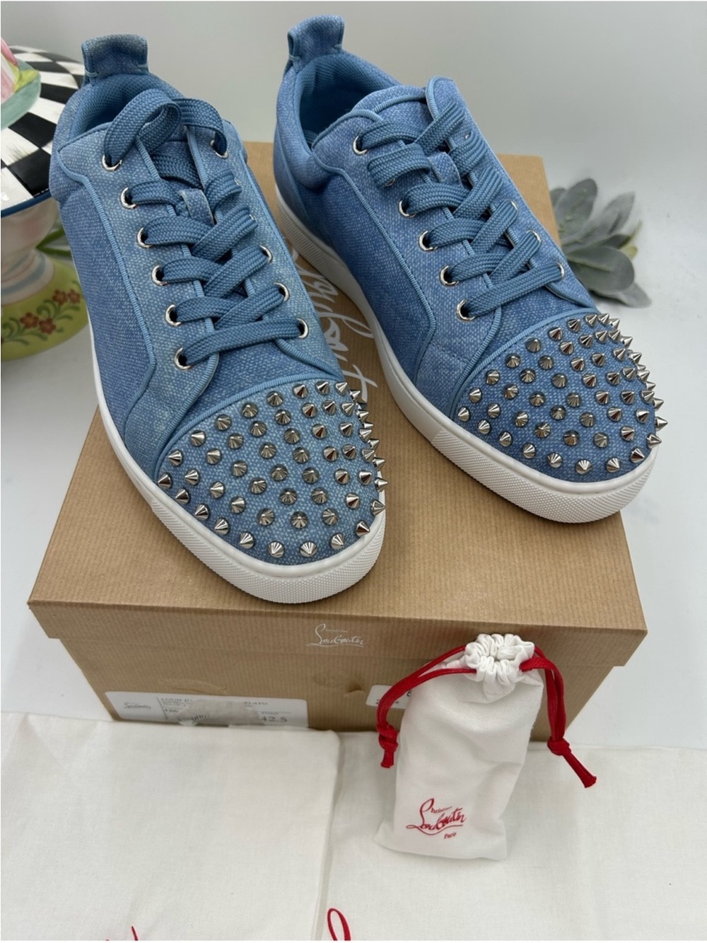 Christian Louboutin LOUIS JR ORLATO  Blue Denim Spike-Stud Sneakers